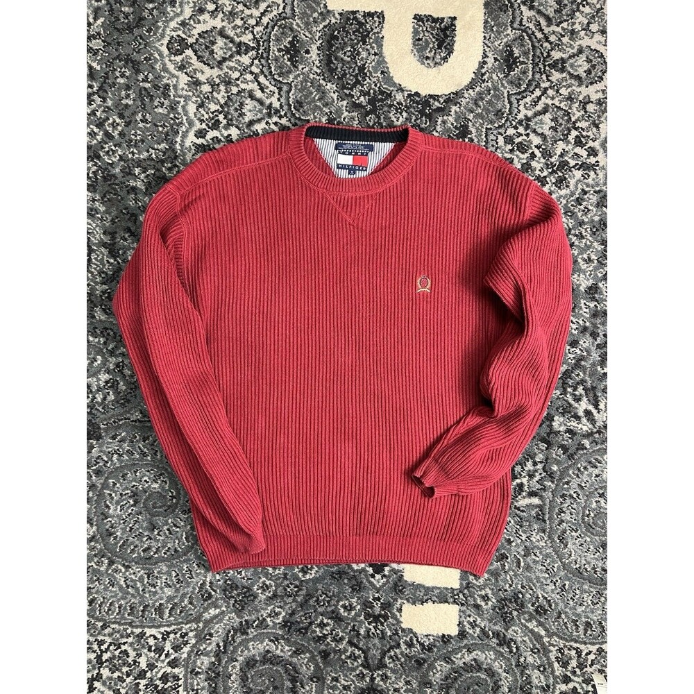 Tommy Hilfiger Crest Logo Sweater Pullover Red Men’s size M Vintage Crewneck